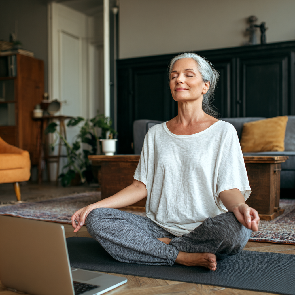 Жінка 52 років займається йогою вдома перед ноутбуком під час онлайн-заняття, у зручному домашньому одязі, на йога-килимку у своїй вітальні
