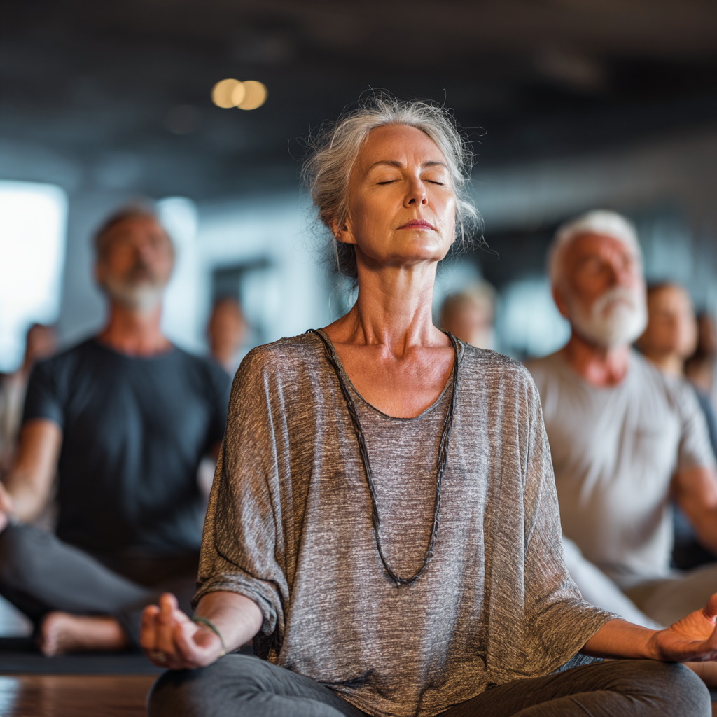Група людей віком 50-60 років на йога-заняттях, сидять у позі лотоса з закритими очима під час медитації, атмосфера спокою та зосередженості